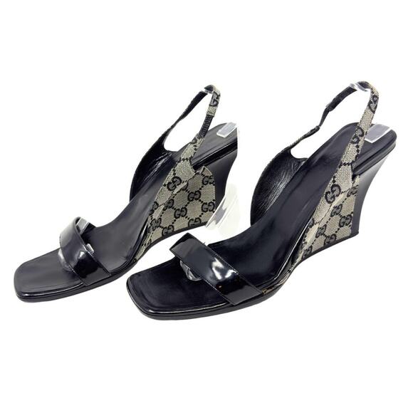 Gucci GG Logo Monogram Supreme Guccissima Black Canvas Leather Heels Sandals 9.5 - Picture 7 of 11